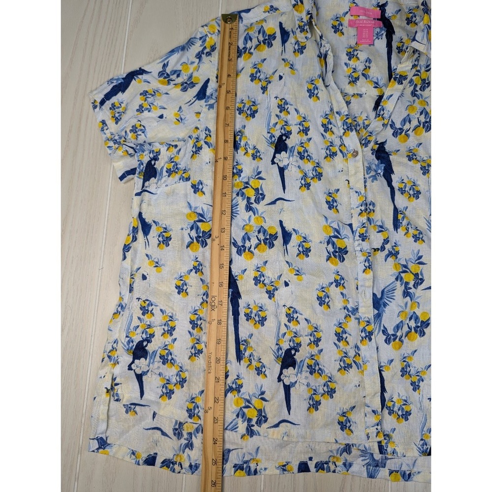 Isaac Mizrahi Women's Linen Button Front Shirt Blue Yellow 1X Floral Birds - Picture 7 of 9